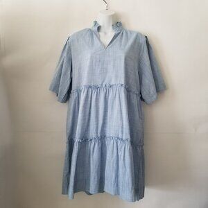 Hixiaohe Womens M Heather Blue Cotton Short Sleeve Pullover Babydoll Dress
